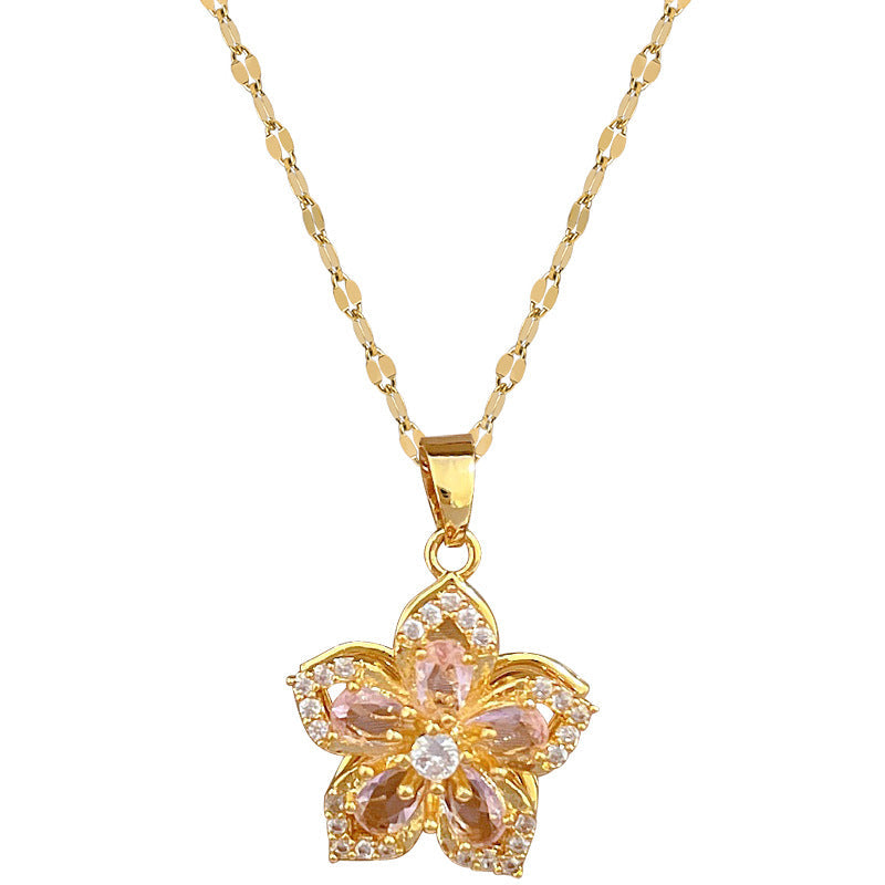 Colar Feminino Flor Rosa Cravejado de Zircônia